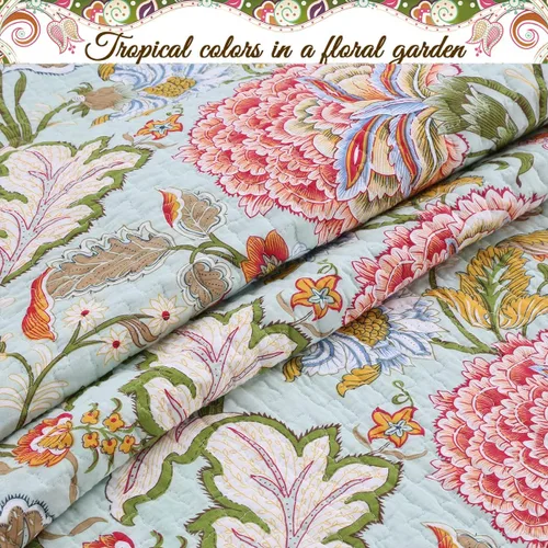 Vista 7 de Cozy Line Home Fashions Blooming Rojo Blanco Floral 100% Algodón Reversible Edredón Juego de Ropa de Cama, Colcha Cubrecama