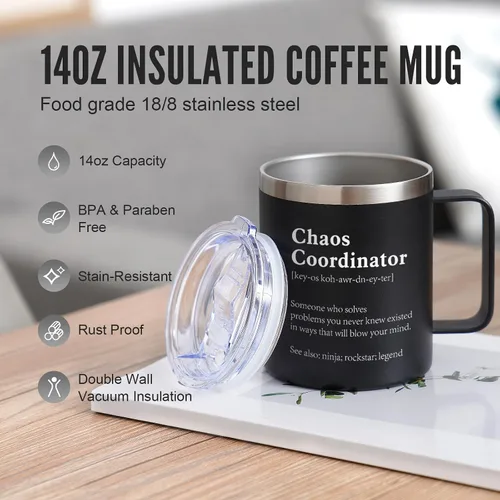 Vista 3 de NOWWISH Regalos de Navidad para Hombres, Jefe, Compañero de Trabajo, Gerente, Oficina, Maestro, Enfermera - Vaso Tumbler Coordinador del Caos