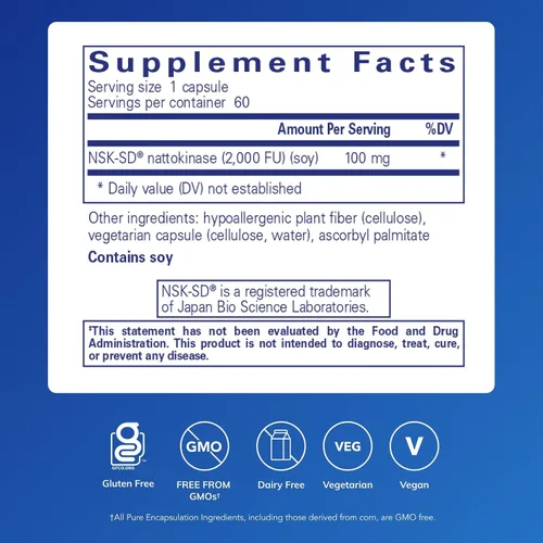 Vista 2 de Pure Encapsulations NSK-SD - 100 mg de Nattokinase - para la circulación sanguínea normal - Apoya la actividad fibrinolítica* - Sin gluten y sin OMG