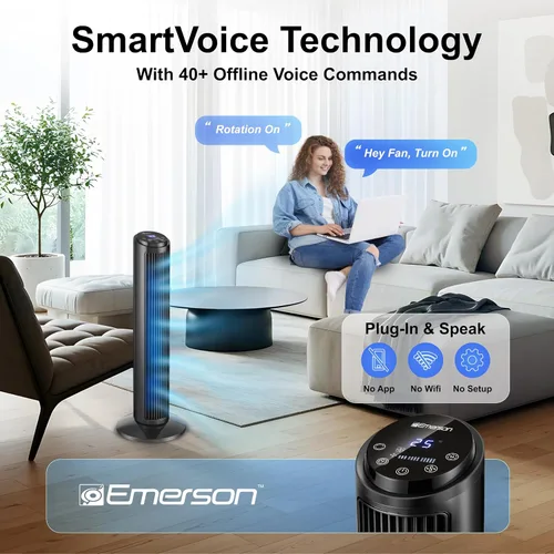 Vista 2 de Emerson SmartVoice - Ventilador de torre de 29 pulgadas, control de voz sin Wi-Fi, ventilador de torre inteligente para dormitorio, oscilación