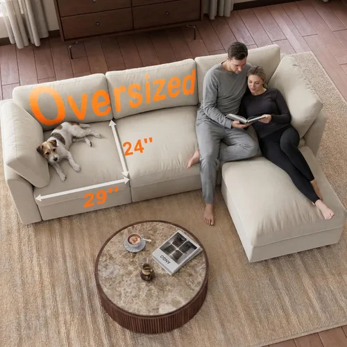Vista 4 de Sofá modular Cloud de 100 pulgadas con otomana de almacenamiento, sofá de felpilla con brazo curvo, cómodo sofá nube de gran tamaño para sala