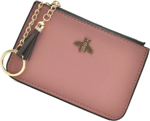 Vista 10 de Monedero de cuero para mujer con llavero, cartera de cambio, tarjetero con borla y cremallera, Negro, Pequeño, Minimalista