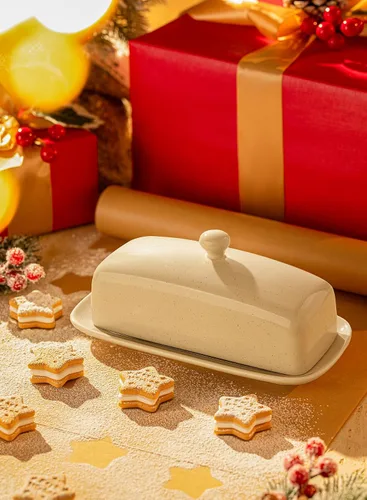 Vista 3 de Sweese Mantequillera con tapa, manteca de porcelana, soporte para mantequilla de 7.8 pulgadas con cubierta de asa, recipiente de mantequilla Beige
