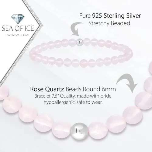 Vista 2 de Sea of Ice - Preciosa pulsera de cuentas redondas de 0.236in con cuentas de plata de ley elásticas de 7.5in, unisex