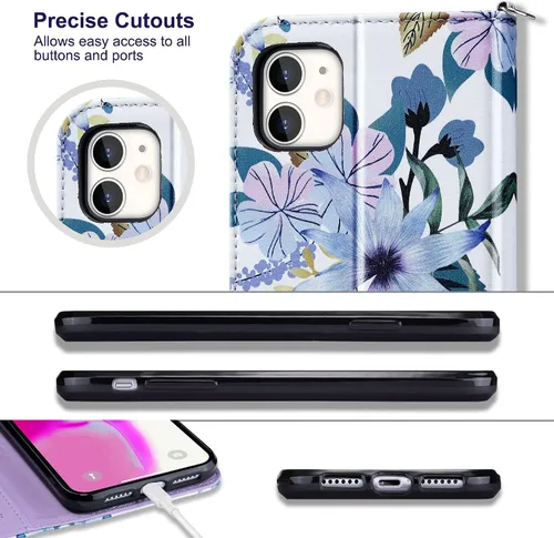 Vista 8 de ULAK - Funda tipo cartera compatible con iPhone 11 para mujer, diseño de flor [RFID Blocking] Premium PU Leather Folio Flip Cover with Card