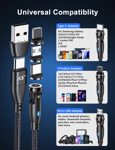Vista 7 de Cable de carga magnético de rotación 540 de 100 W, 3.3 pies/6 pies, paquete de 2 unidades, cable USB C a USB C, cable de carga magnética, cable