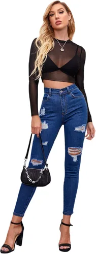 Vista 3 de Verdusa Camiseta básica de manga larga para mujer, de malla transparente