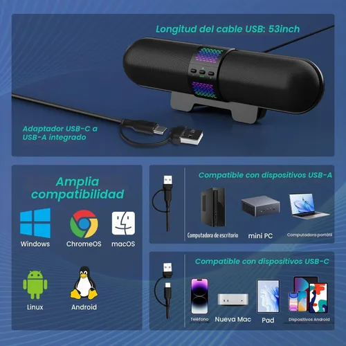 Vista 8 de BESTISAN Altavoz para computadora, conexión Bluetooth 5.3/USB con cable A/C, 6 modos de luz RGB, barra de sonido