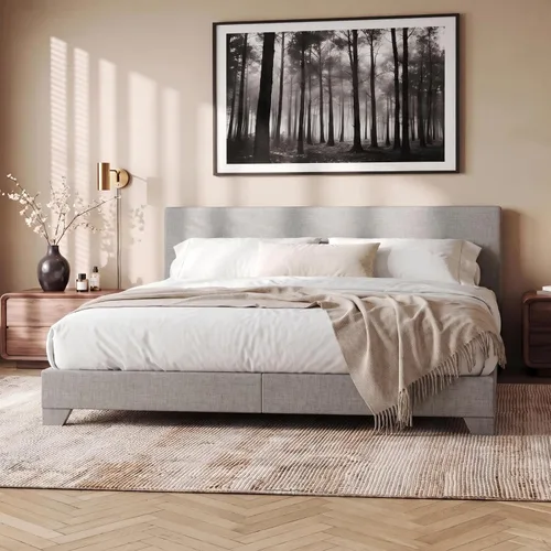 Vista 14 de Allewie Base de cama tamaño matrimonial con cabecera ajustable, cama tapizada con plataforma y listones de madera, base de colchón resistente,