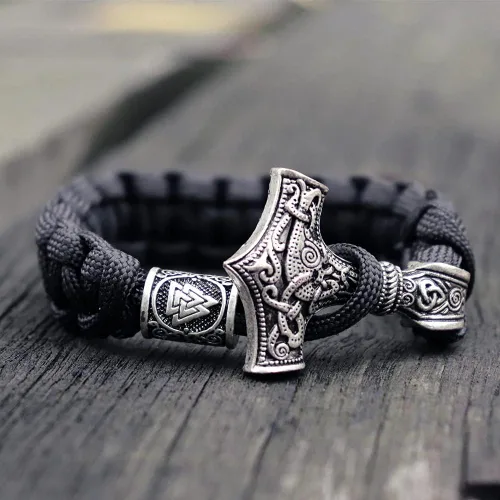Vista 2 de Pulsera de martillo de Thor vikingo, cuerda de supervivencia Valknut Dragón Fenrir Medallón Mjolnir, Martillo de Thor, Serpiente Ouroboros