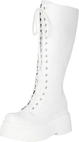 Vista 38 de Parisuit Botas góticas altas hasta la rodilla con hebilla de plataforma para mujer, tacón alto grueso, con cordones, botas de combate punk, con Negro
