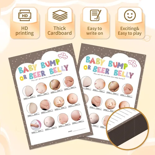 Vista 3 de OLOUTAB Juegos de Baby Shower para Niño o Niña - Juego de Vientre de Cerveza o Barriga de Bebé (50 Tarjetas), De Género Neutral, Papel Grueso