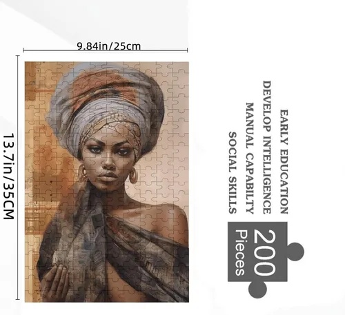 Vista 2 de Rompecabezas para adultos, 200 piezas, rompecabezas de mujer negra afroamericana, exquisita formación de pañuelo en la cabeza, imágenes artísticas