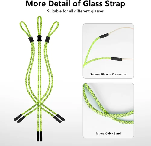 Vista 4 de BILIONE Correas trenzadas fluorescentes para lentes de sol, soporte para gafas de sol alrededor del cuello para hombres, mujeres y niños, cadena