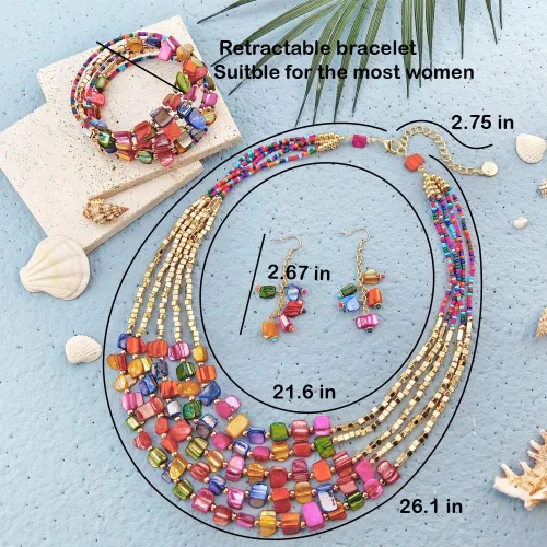 Vista 4 de Firstmeet Juego de collar bohemio con cuentas de concha en capas para mujer, joyería irregular de cuentas de semillas
