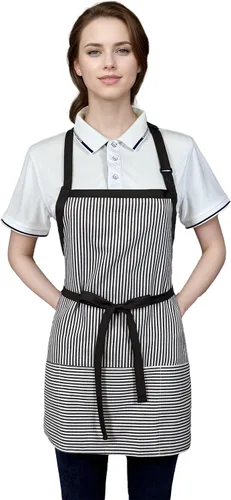 Vista 8 de Delantal de cocina con 3 bolsillos, delantal ajustable para servidor, delantal de camarera con bolsillos a rayas