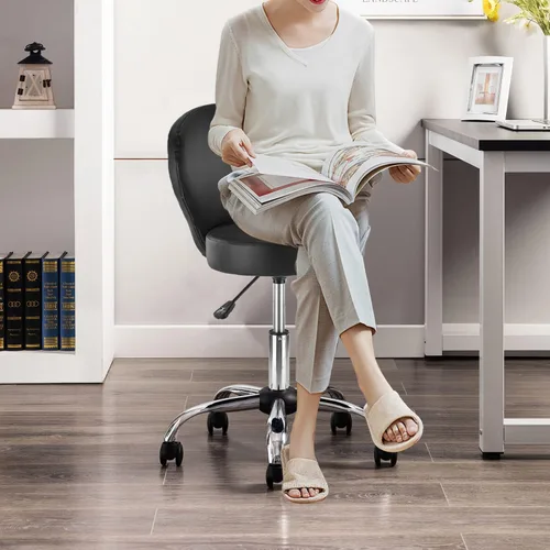 Vista 2 de KLASIKA Taburete giratorio ajustable con respaldo y ruedas, silla de escritorio de oficina multiusos, cojín de asiento grueso para el hogar, bar