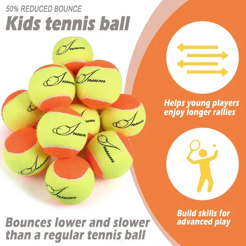 Vista 3 de insum Pelotas de tenis para niños jóvenes de fieltro para adolescentes principiantes, rojo, naranja, verde, 25%, 50%, 75% velocidad más lenta Baja