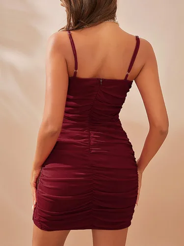 Vista 4 de ZAFUL Vestido ajustado con tirantes delgados fruncidos para mujer cuello en V profundo sin mangas con abertura mini vestido de fiesta