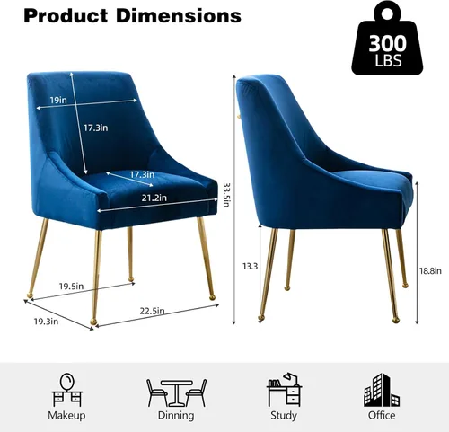 Vista 2 de Juego de 2 sillas de comedor de terciopelo, sillas de comedor tapizadas con patas de metal dorado pulido, sillas auxiliares de cocina de granja, Azul