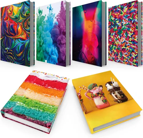 Vista 12 de Paquete de 6 fundas elásticas para libros fáciles de aplicar. 3 chaquetas grandes sólidas y 3 diseños para libros de texto de tapa dura de hasta 9 x