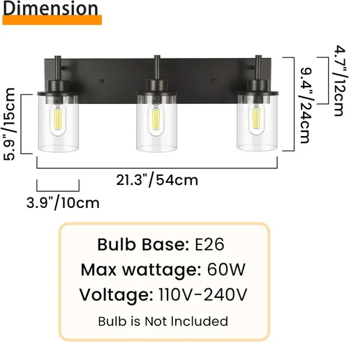 Vista 3 de Lámparas de tocador, lámparas de baño negro mate sobre el espejo, lámpara moderna de apliques de pared con pantalla de vidrio transparente (3 luces)