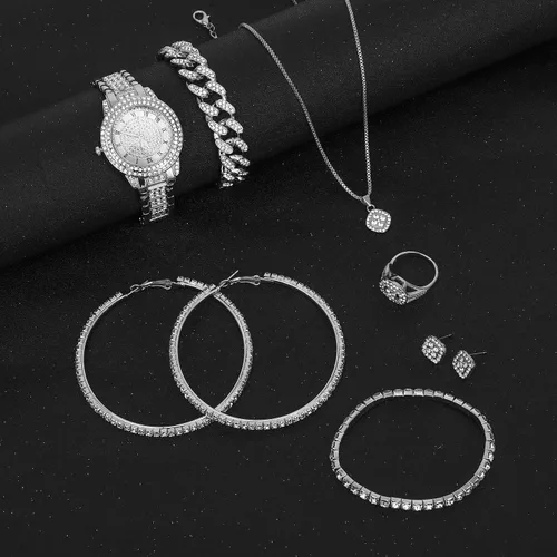 Vista 3 de NEWITIN 13 Pcs Silver Jewelry Set for Women Bling Diamond Cuban Jewelry Set Conjunto de joyas de plata