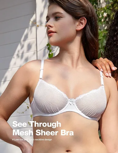 Vista 2 de Deyllo - Brasier sexy de copa media, malla transparente y sin forro, con encaje y aros para mujer