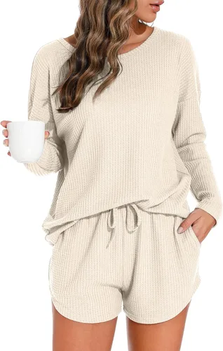 Vista 12 de PrinStory Conjunto de pijama para mujer, de punto gofre, tallas S-4XL Negro