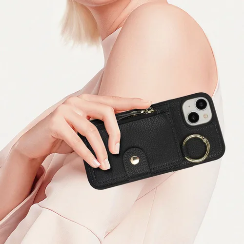 Vista 5 de Funda para iPhone 14 Plus con tarjetero, color negro Funda con cremallera y ranura para mujer y hombre