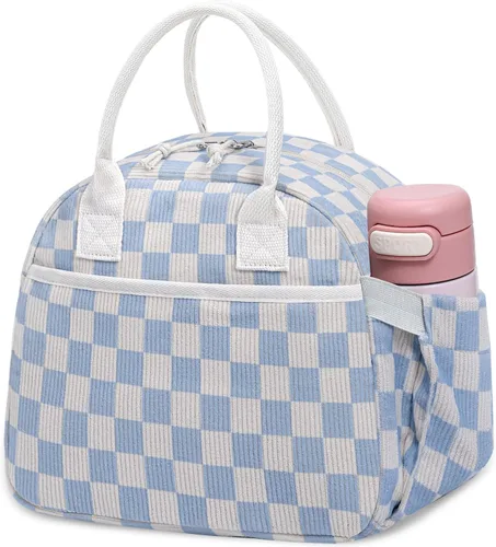 Vista 31 de Carry bloom Lonchera para mujer, lonchera aislada, bonita lonchera de pana reutilizable para el trabajo (1 rayas blancas y negras)