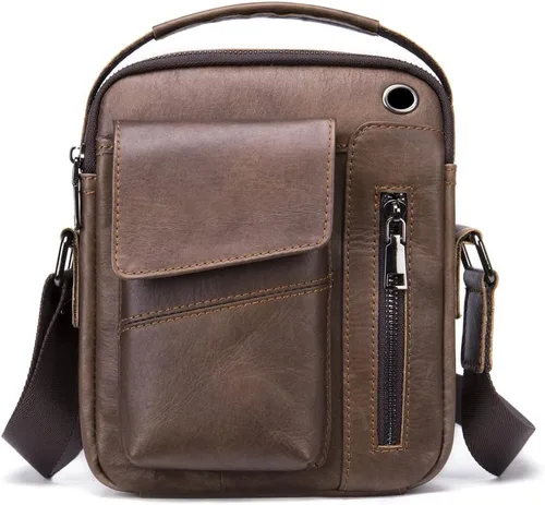 Vista 2 de Hebetag Bolso bandolera de cuero pequeño para hombre, para viajes al aire libre, negocios