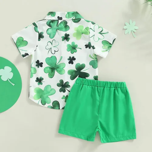 Vista 7 de Conjunto de 2 piezas de camiseta de manga corta con botones y pantalones cortos sólidos para bebé niño