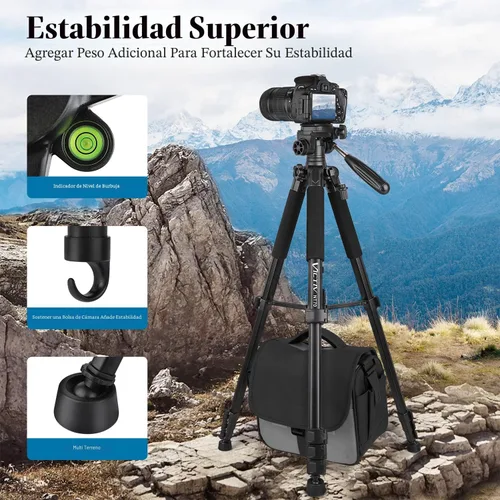 Vista 8 de VICTIV Trípode de cámara de 74 pulgadas, trípode para cámara y teléfono, soporte de trípode profesional de aluminio para Canon Nikon con bolsa
