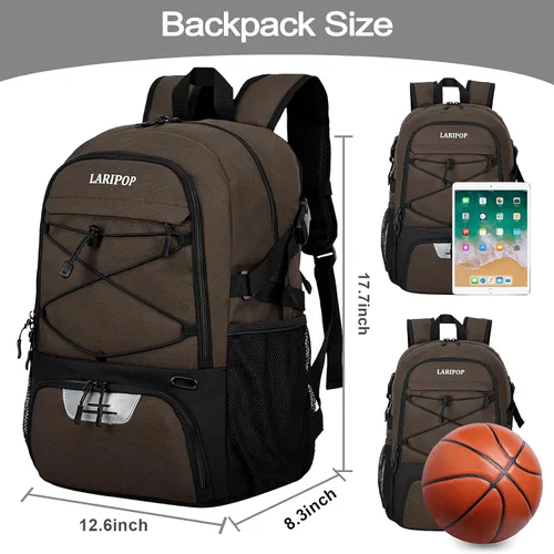 Vista 2 de LARIPOP Basketball Backpack with Ball Compartment - Ventilated Shoe Pocket Fits US Size 15, Water Resistant 30L Sports Bag for Men Women Teen