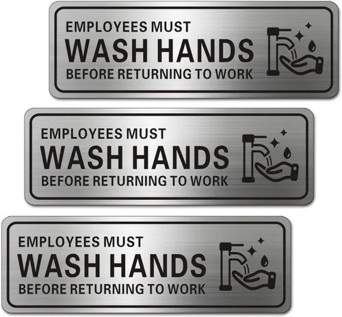 Vista 7 de Letrero de metal de acero inoxidable con texto en inglés "Employees Must Wash Hands Before Return to Work", con autoadhesivo, 9 x 3 pulgadas