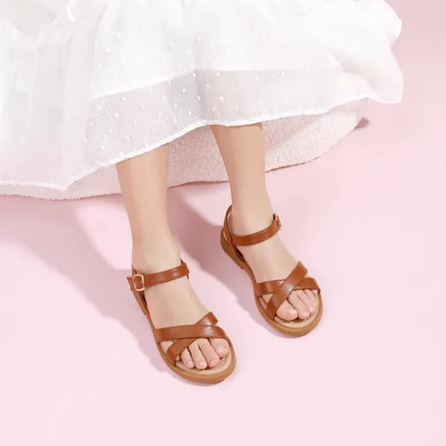 Vista 2 de PANDANINJIA Elva - Sandalias para niñas con puntera abierta, bonitas, planas, sandalias de vestir con tiras cruzadas, zapatos de verano para niños