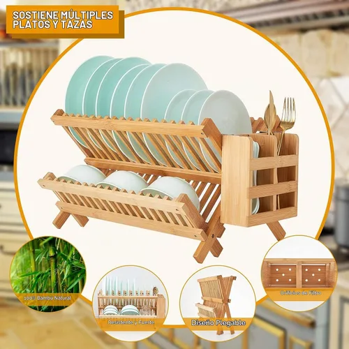 Vista 7 de Escurridor de platos de bambú, estante plegable de 2 niveles con soporte para utensilios, estante de secado de platos de madera para encimera