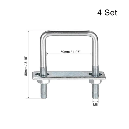 Vista 18 de uxcell Pernos cuadrados en U de 1 "(25 mm) de ancho interior de acero al carbono M8 con tuercas, placa de marco, arandelas redondas, juego de 4