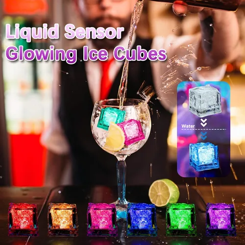Vista 4 de 12 cubos de hielo iluminados para bebidas, cubitos de hielo LED impermeables, sensor de líquidos, cubos de hielo reutilizables, cubos de hielo que