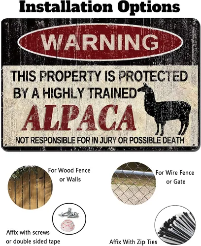 Vista 4 de Letrero de metal vintage de alpaca con advertencia "Esta propiedad está protegida por alpacas altamente entrenadas", letrero de patio