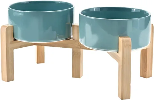 Vista 10 de SPUNKYJUNKY Cuencos elevados de cerámica para perros, 5.1 pulgadas, para comida de perros y gatos, cuencos elevados con soporte de bambú Verde oscuro