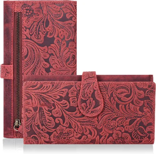 Vista 26 de Cartera de cuero genuino para mujer de cuero con bloqueo RFID - Tarjetero triple de diseñador para damas tipo clutch con ventana de identificación
