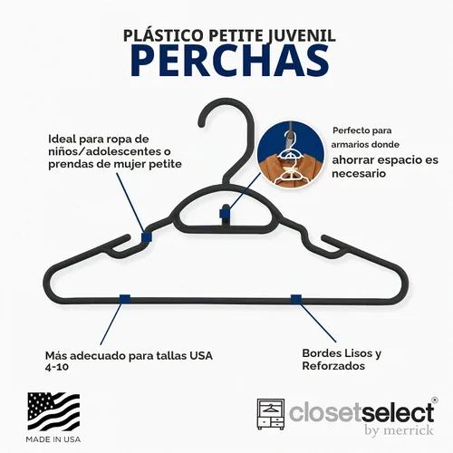 Vista 4 de Closetselect Paquete de 30 perchas de plástico para niños pequeños y preadolescentes de 13 pulgadas, ideales para niños de 4 a 10, perchas Negro