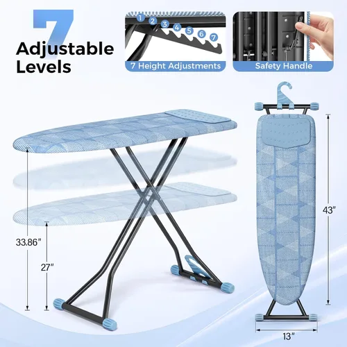 Vista 2 de KINGBOARD Tabla de planchar, tabla de planchar compacta con alfombrilla de silicona para plancha, cubierta resistente al calor, 7 alturas