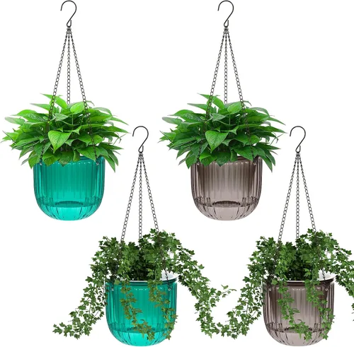 Vista 9 de Meanplan 4 macetas colgantes de riego automático para interiores de 6.5 pulgadas, cestas colgantes para plantas al aire libre, maceta de plástico