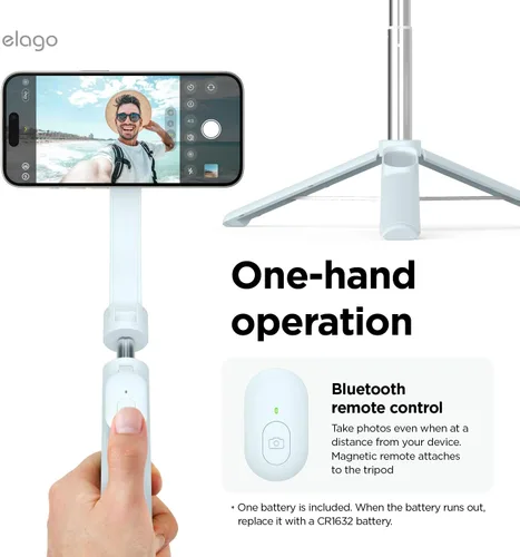 Vista 3 de elago Trípode magnético para selfie stick para iPhone y Galaxy Compatible con MagSafe, fuerte magnetismo, portátil, ligero, extensible [azul claro]