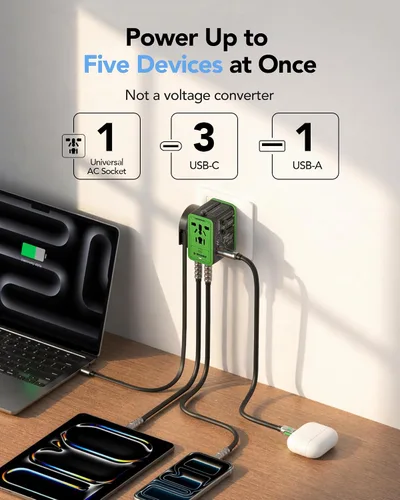 Vista 2 de MFish Adaptador de viaje universal de 75 W, adaptador de corriente internacional de 5 puertos con cable USB-C retráctil, 3 USB-C y 1 salida USB-A +
