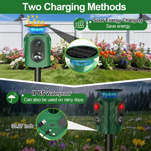 Vista 4 de Repelente ultrasónico de animales para exteriores – Repelente de gatos para exteriores y disuasorio de ciervos con sensor PIR, alimentado por
