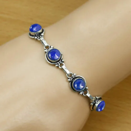 Vista 6 de Round Shape Natural & Synthetic Gemstones Silver Plated Bracelets for Women - Vintage Bohemian Style Handmade Birthstone Adjustable Link Bracelet